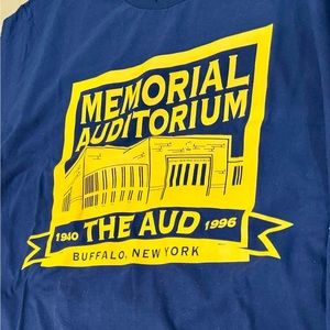 Men’s XXL blue short sleeve t-shirt with gold Memorial Auditorium “The Aud” logo